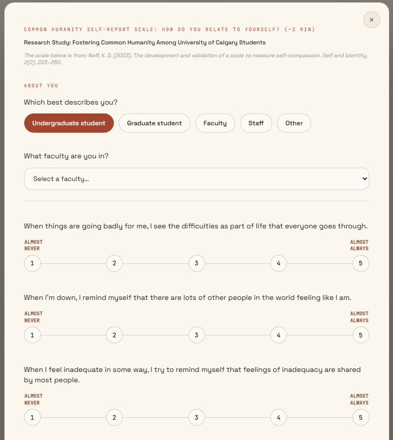 The self-compassion survey participants answer before and after the hunt